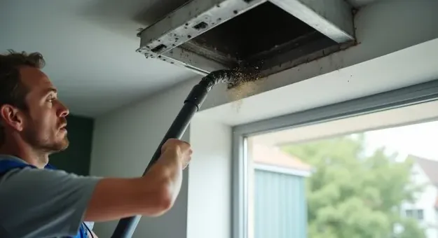 Vacuum pulling ash and dust out of a ceiling return vent in an Altadena home