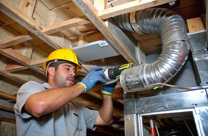 Installer replacing aging ductwork in the attic of an older Pasadena home