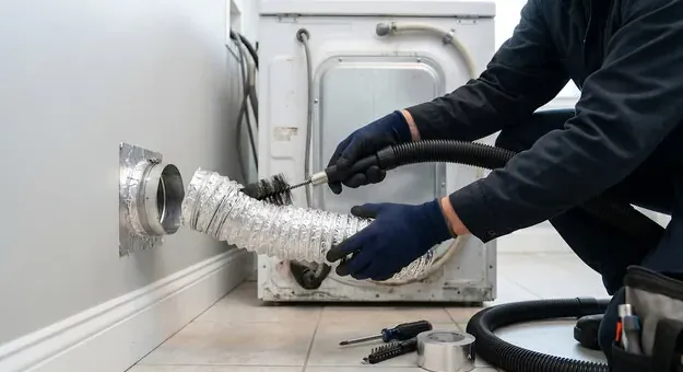 Technician cleaning a dryer vent with a rotary brush attached to a vacuum