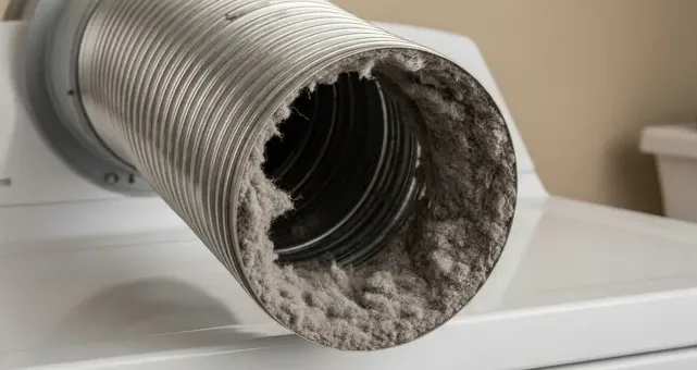 Close view of thick lint buildup inside a dryer vent hose