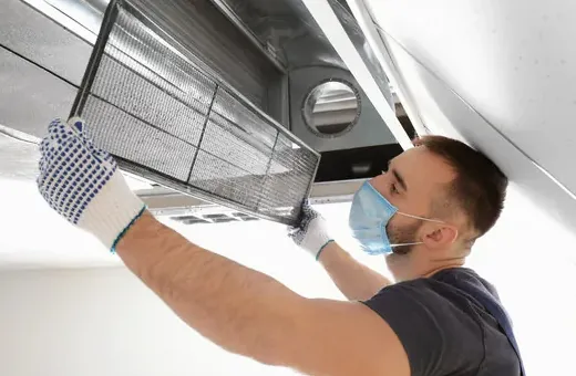 Return air grille and filter removed for service